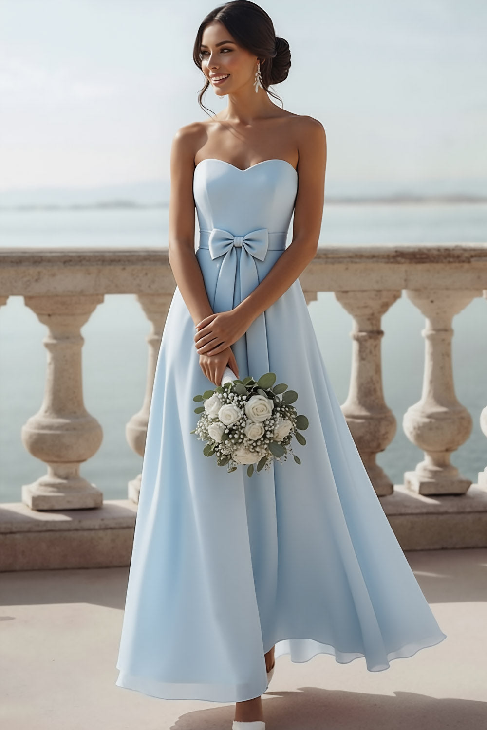Light Blue Chiffon A Line Sweetheart Long Bridesmaid Dress with Bow