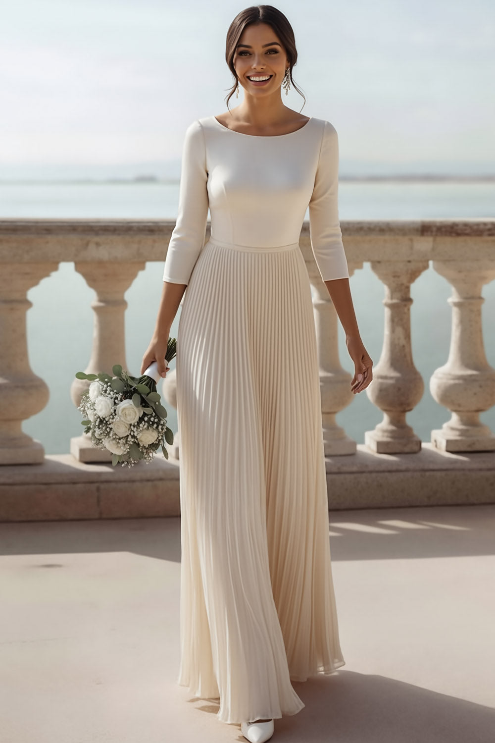 Ivory Scoop Neck Pleated Long Wedding Reception Dress with Sleeves