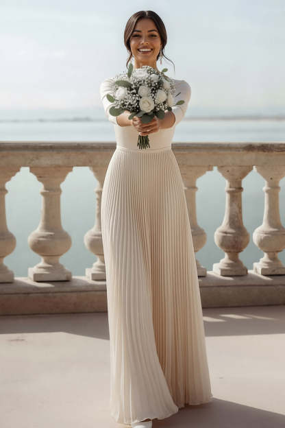 Ivory Scoop Neck Pleated Long Wedding Reception Dress with Sleeves