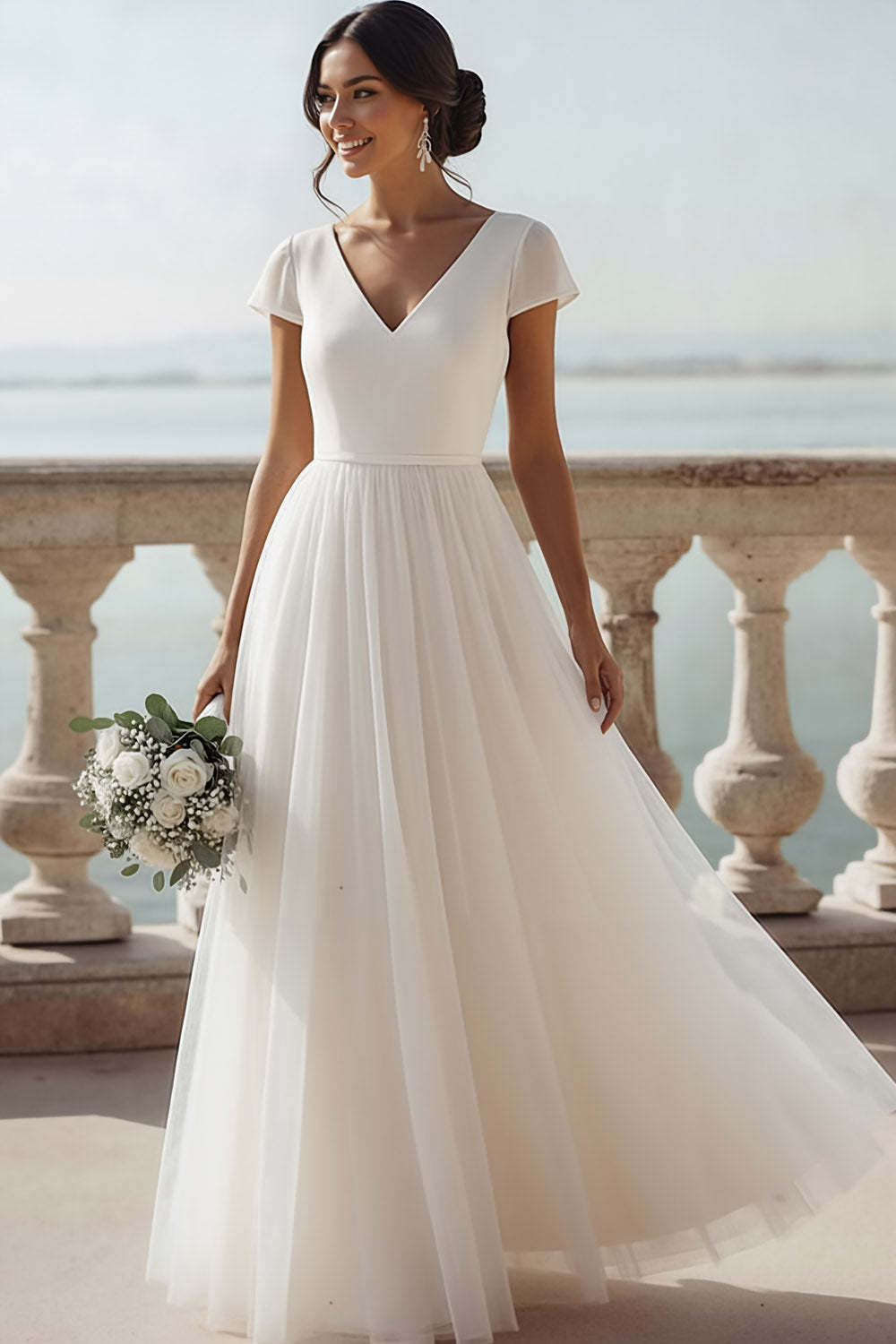 Leely Women White Chiffon Long Wedding Reception Dress V-Neck A-Line Engagement Dress with Sleeves