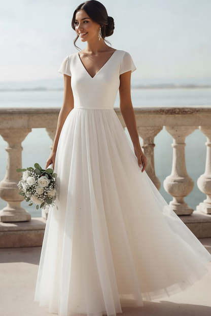 Leely Women White Chiffon Long Wedding Reception Dress V-Neck A-Line Engagement Dress with Sleeves