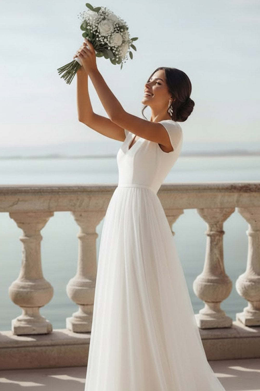 White V-Neck A-Line Chiffon Long Wedding Reception Dress