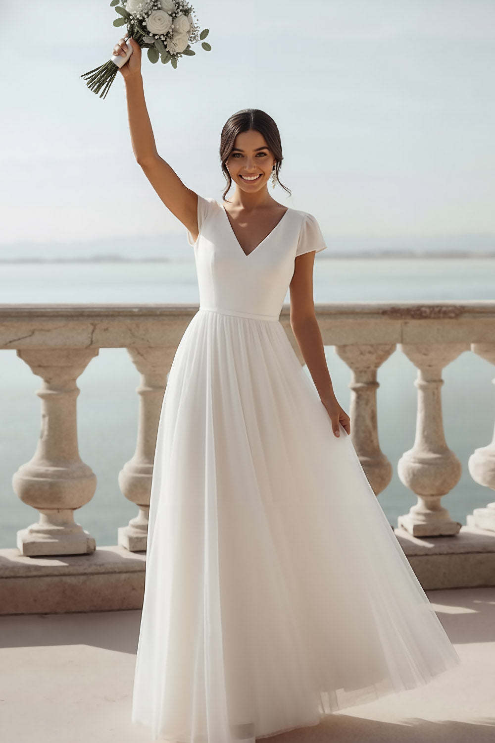 White V-Neck A-Line Chiffon Long Wedding Reception Dress