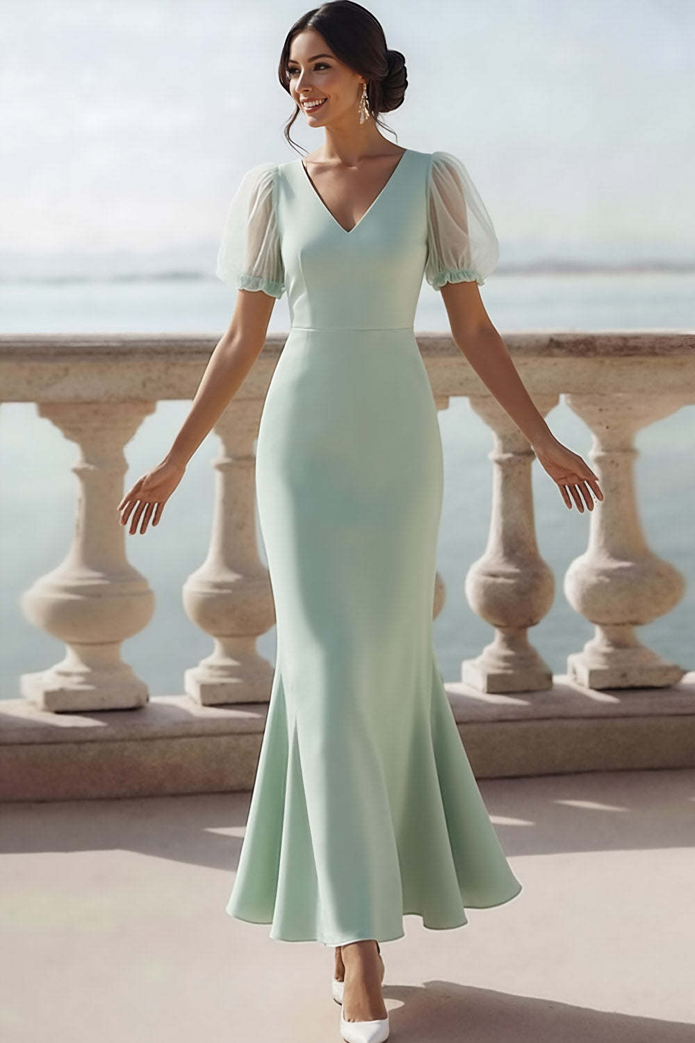 Sunset V-Neck Puff Sleeves Mermaid Long Wedding Guest Dress