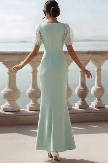 Sunset V-Neck Puff Sleeves Mermaid Long Wedding Guest Dress