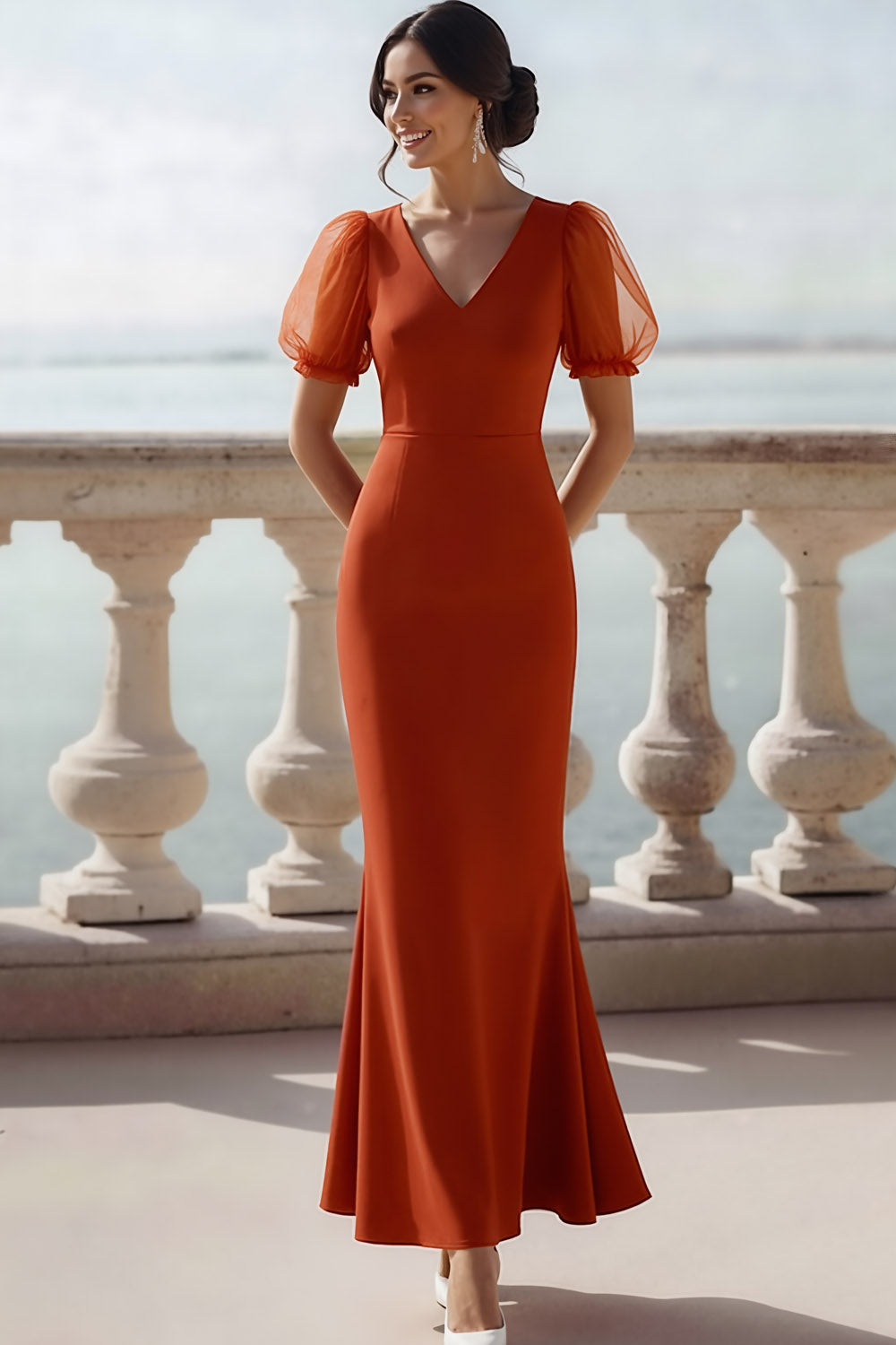 Sunset V-Neck Puff Sleeves Mermaid Long Wedding Guest Dress