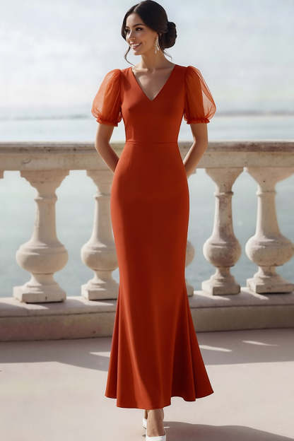 Sunset V-Neck Puff Sleeves Mermaid Long Wedding Guest Dress