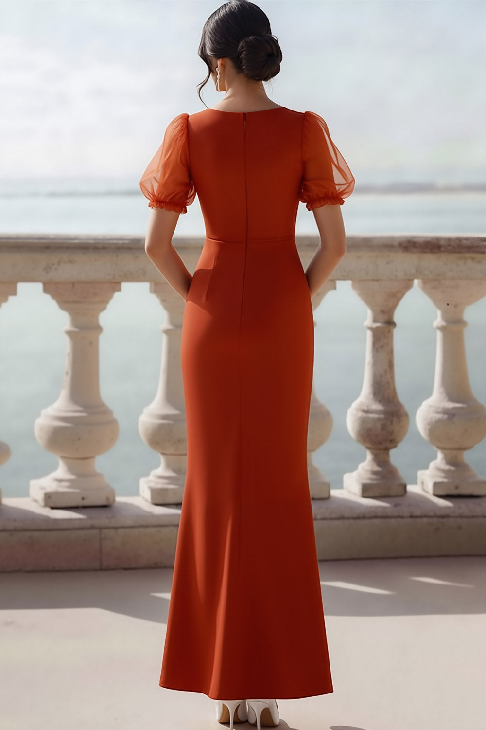 Sunset V-Neck Puff Sleeves Mermaid Long Wedding Guest Dress