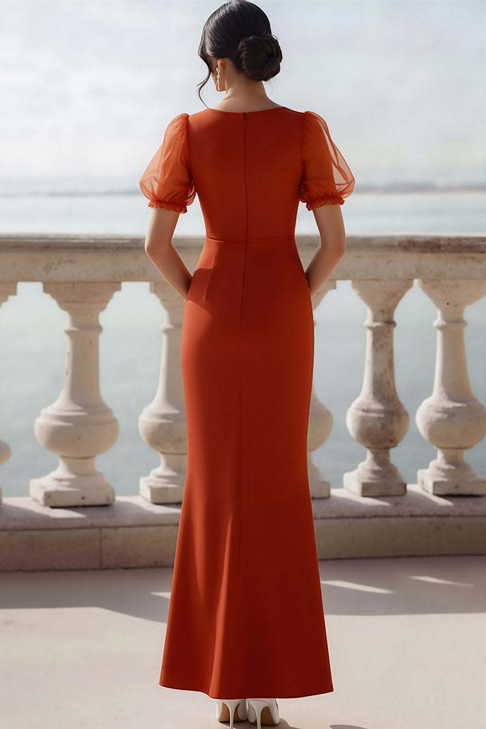 Sunset V-Neck Puff Sleeves Mermaid Long Wedding Guest Dress