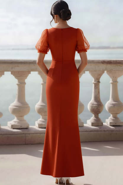 Sunset V-Neck Puff Sleeves Mermaid Long Wedding Guest Dress