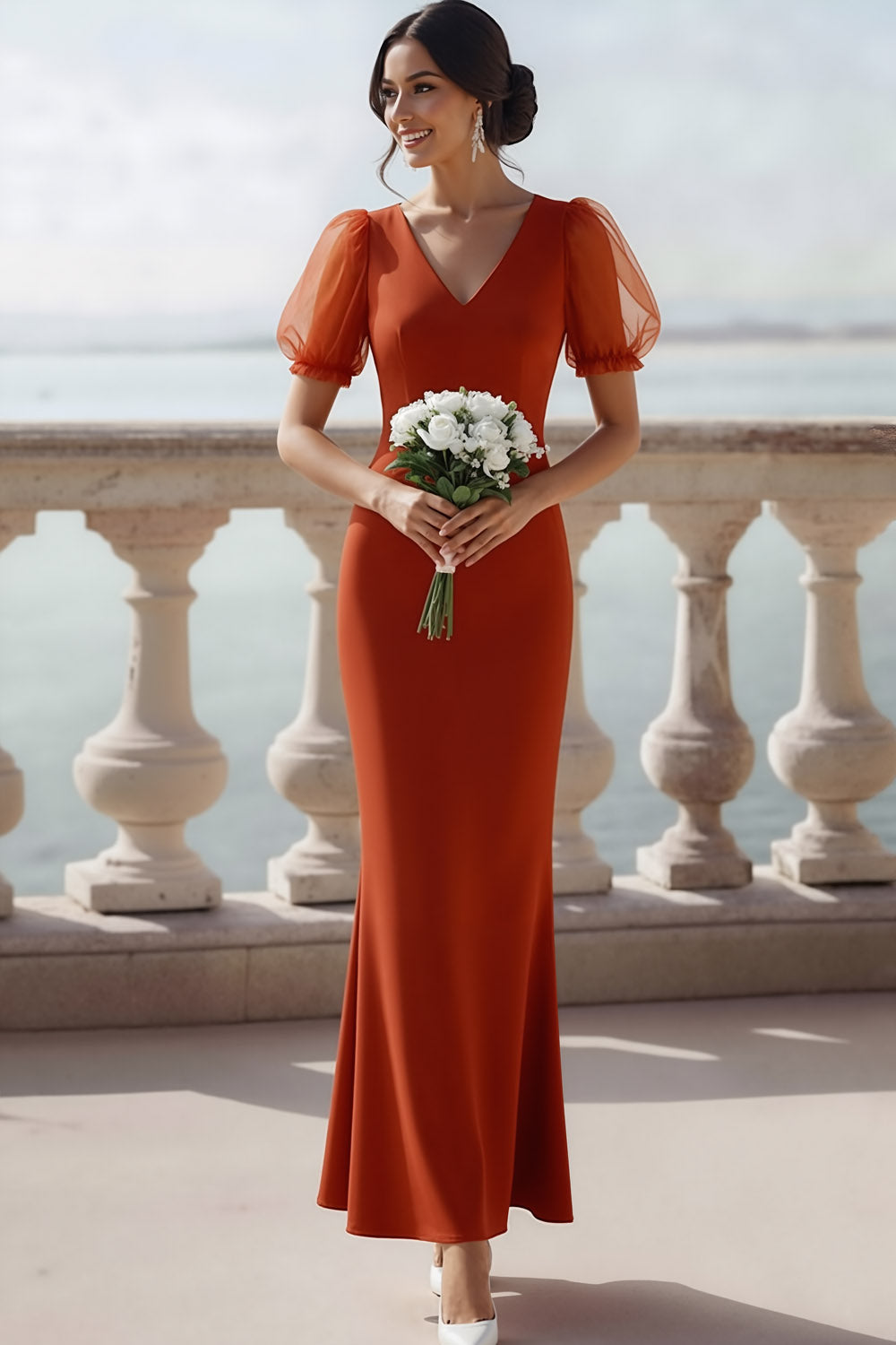 Sunset V-Neck Puff Sleeves Mermaid Long Wedding Guest Dress