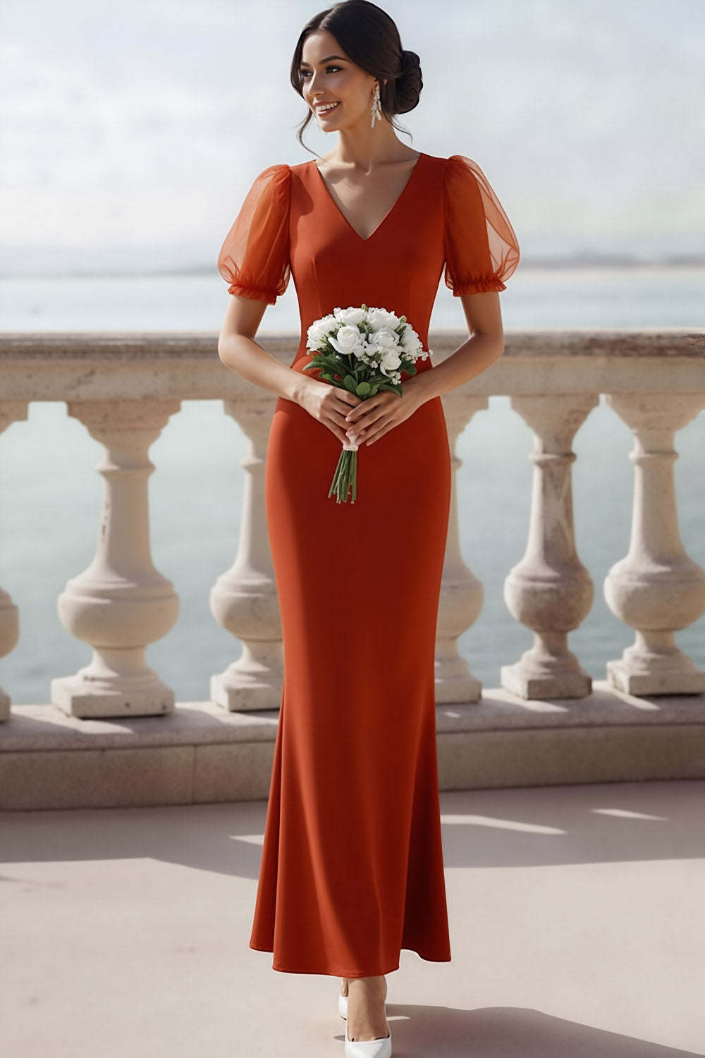 Leely Women Sunset Long Wedding Guest Dress Puff Sleeves Mermaid V Neck Bridesmaid Dress