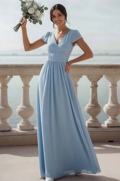 Lilac V-Neck Chiffon Long Bridesmaid Dress with Sleeves