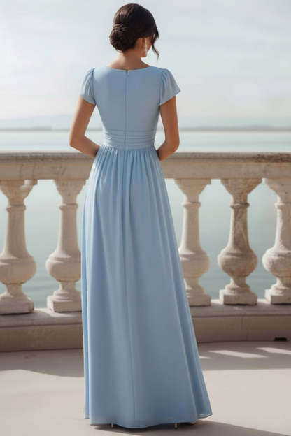 Lilac V-Neck Chiffon Long Bridesmaid Dress with Sleeves