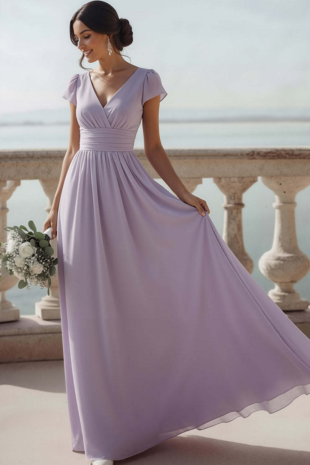 Lilac V-Neck Chiffon Long Bridesmaid Dress with Sleeves