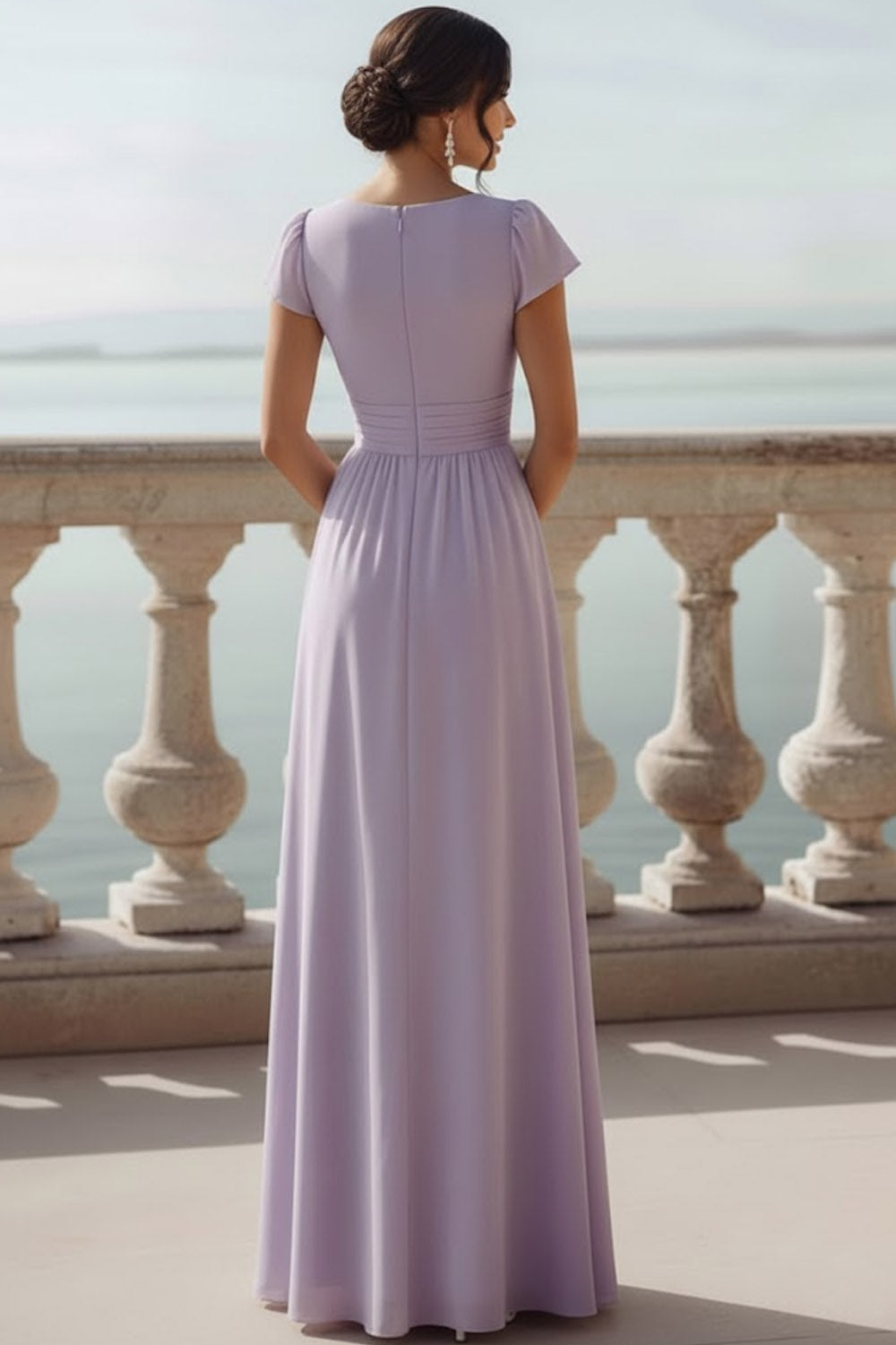 Lilac V-Neck Chiffon Long Bridesmaid Dress with Sleeves