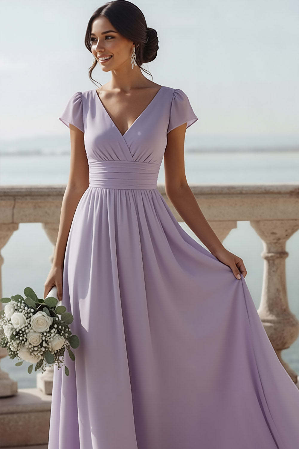 Lilac V-Neck Chiffon Long Bridesmaid Dress with Sleeves