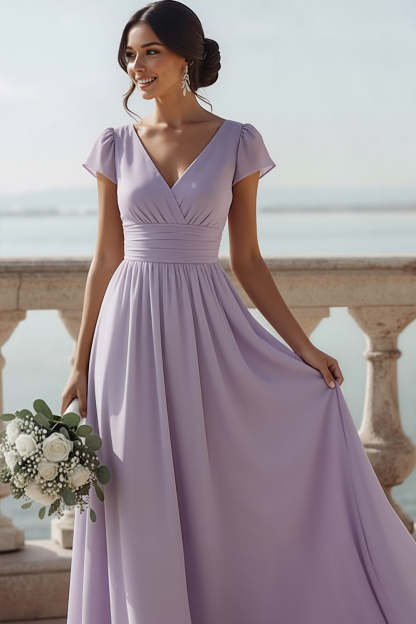 Lilac V-Neck Chiffon Long Bridesmaid Dress with Sleeves