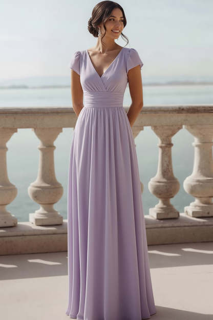 Leely Women Lilac Chiffon Long Bridesmaid Dress V-Neck A Line Wedding Guest Dress with Sleeves