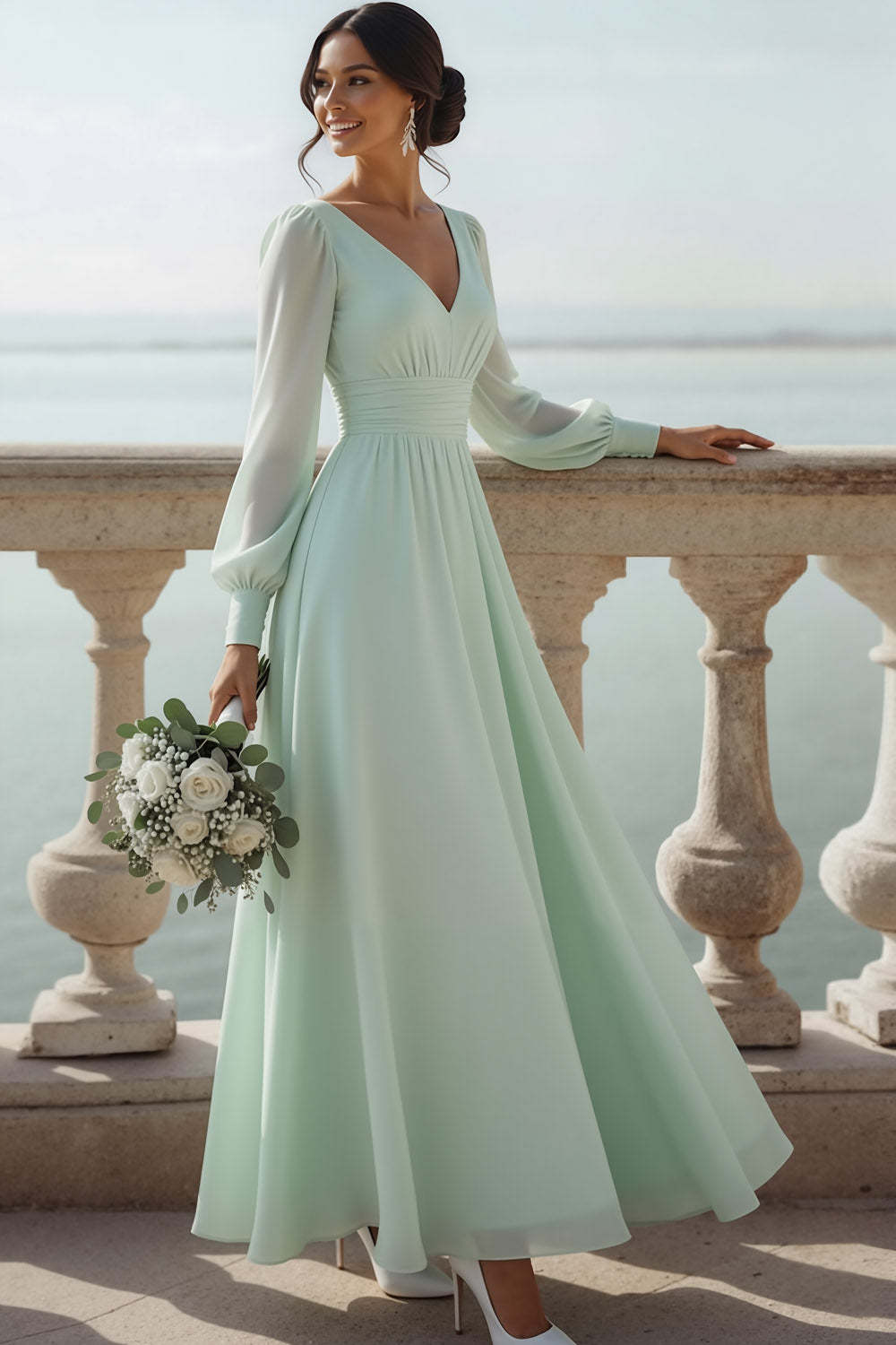 Light Green A-Line V-Neck Chiffon Long Bridesmaid Dress with Sleeves