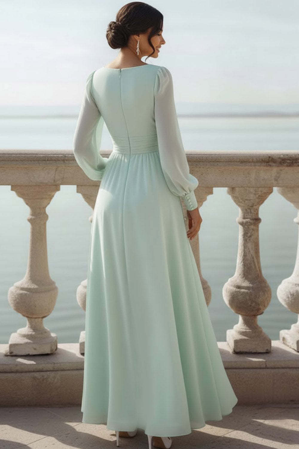 Light Green A-Line V-Neck Chiffon Long Bridesmaid Dress with Sleeves