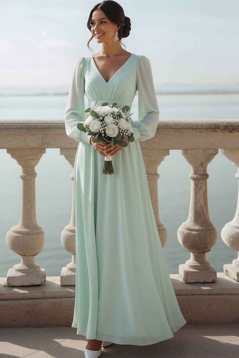 Light Green A-Line V-Neck Chiffon Long Bridesmaid Dress with Sleeves