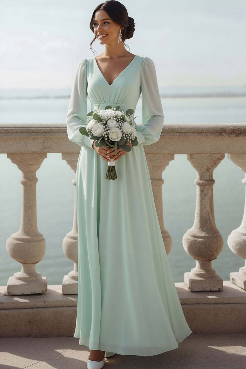 Leely Women Light Green Chiffon Long Bridesmaid Dress wih Sleeves A-Line V-Neck Wedding Guest Dress