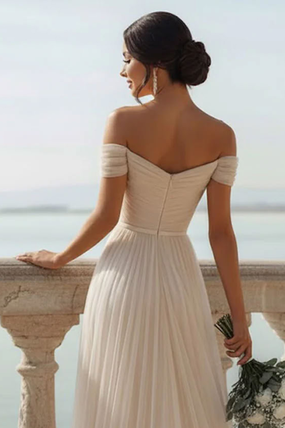 Ivory Tulle Off the Shoulder A Line Long Wedding Reception Dress