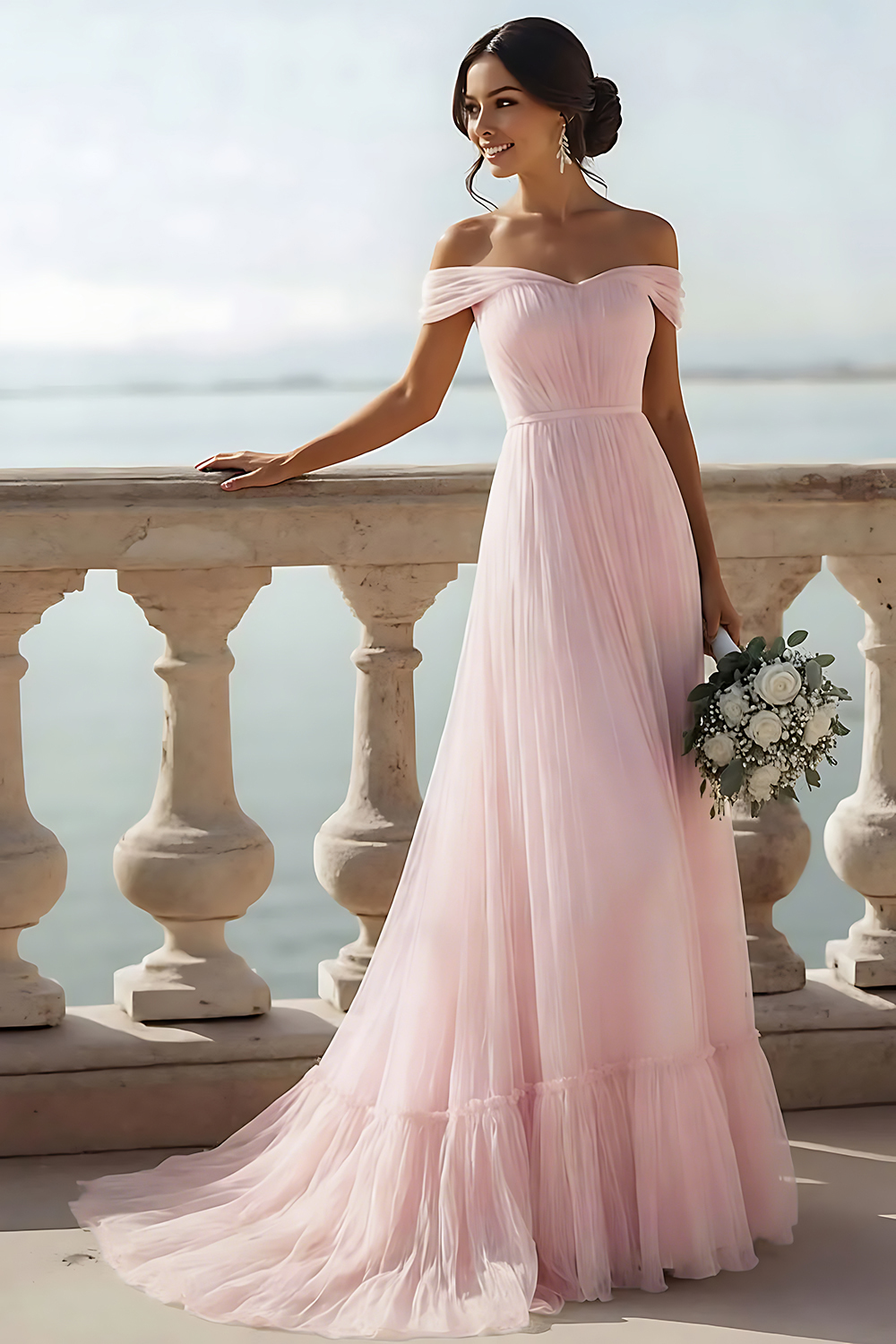 Ivory Tulle Off the Shoulder A Line Long Wedding Reception Dress