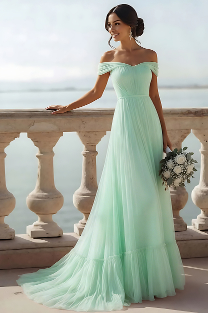 Ivory Tulle Off the Shoulder A Line Long Wedding Reception Dress