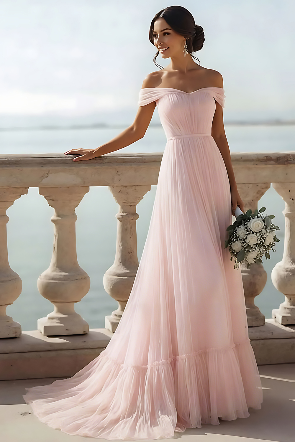 Ivory Tulle Off the Shoulder A Line Long Wedding Reception Dress