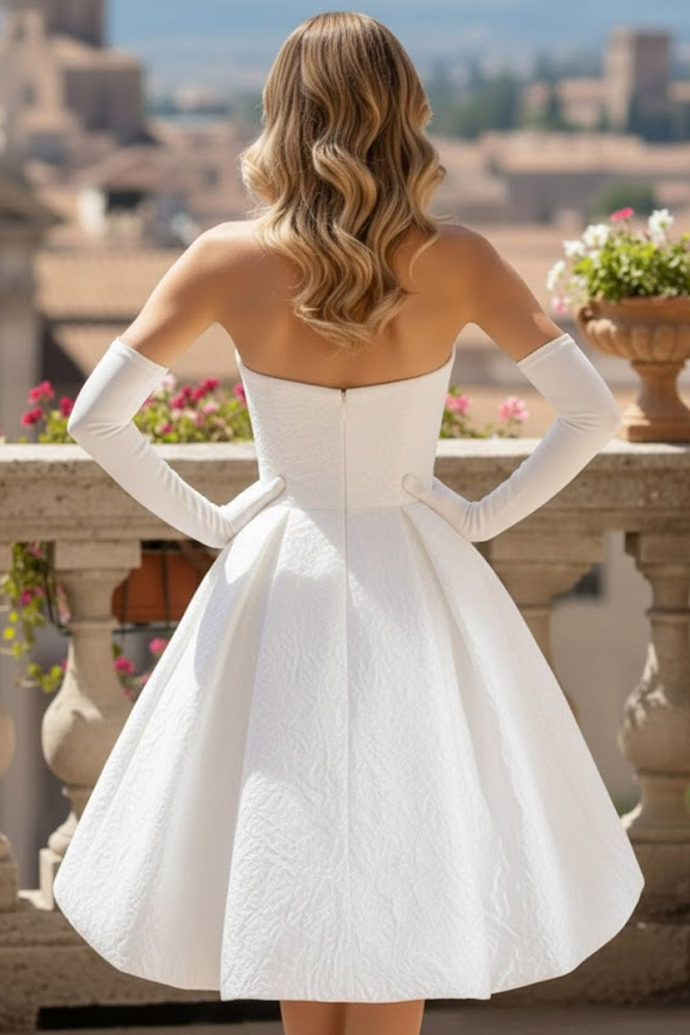 White Jacquard Strapless A Line Midi Wedding Reception Dress