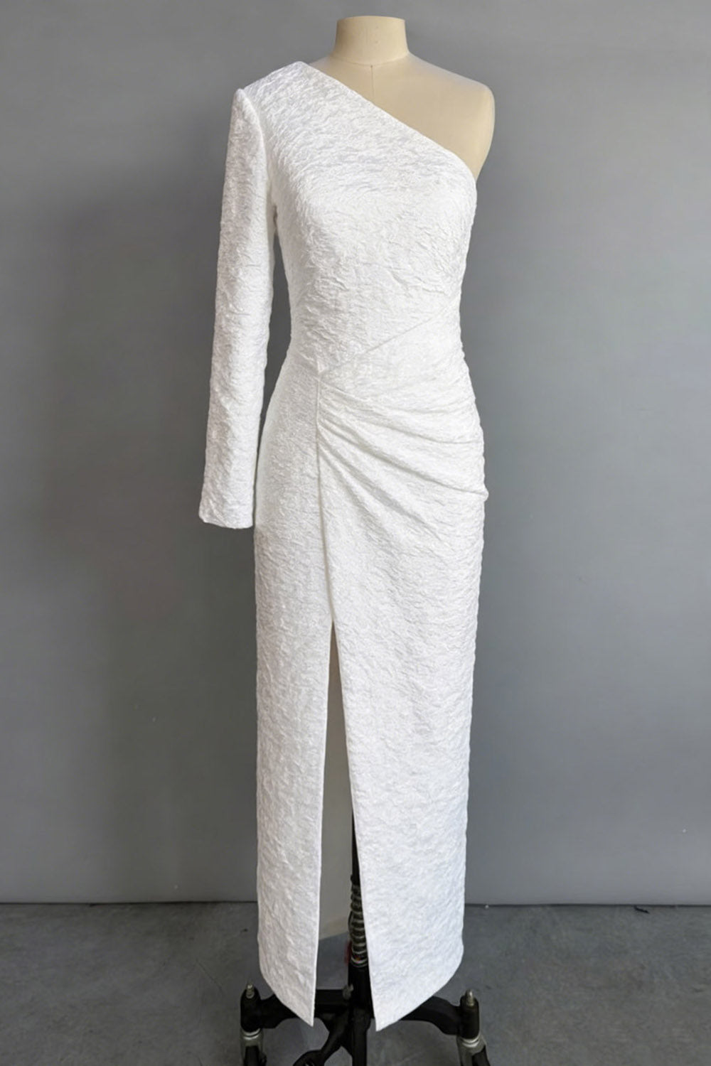 White One Shoulder Ruched Long Wedding Reception Dress with Slit