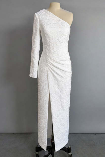 White One Shoulder Ruched Long Wedding Reception Dress with Slit