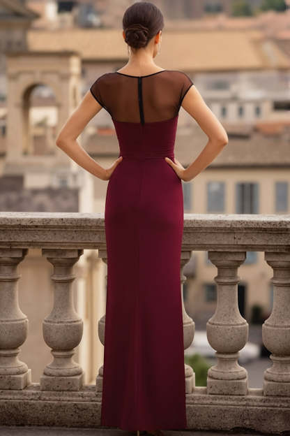Burgundy Scoop Neck Chiffon Long Bridesmaid Dress wih Slit