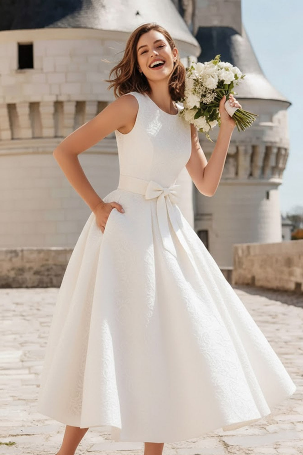 White Scoop Neck A Line Midi Wedding Reception Dress with Bow