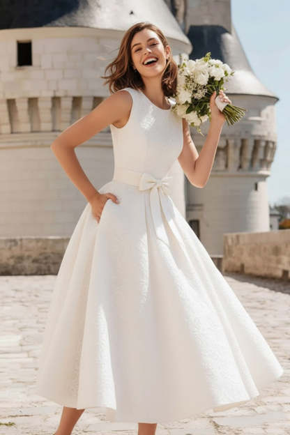 White Scoop Neck A Line Midi Wedding Reception Dress with Bow