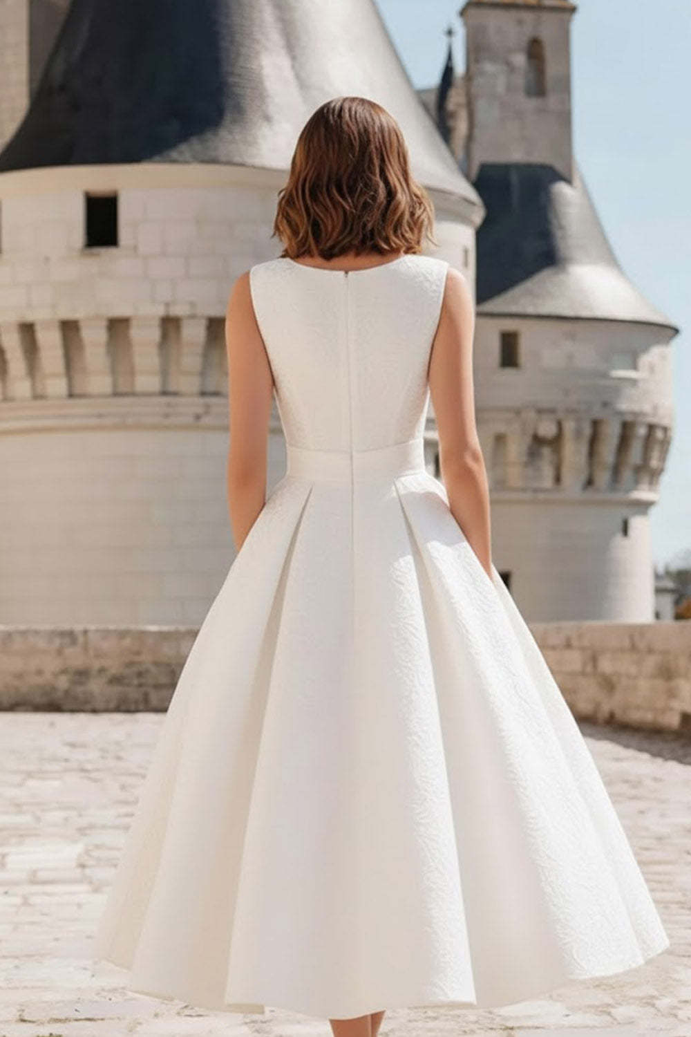 White Scoop Neck A Line Midi Wedding Reception Dress with Bow