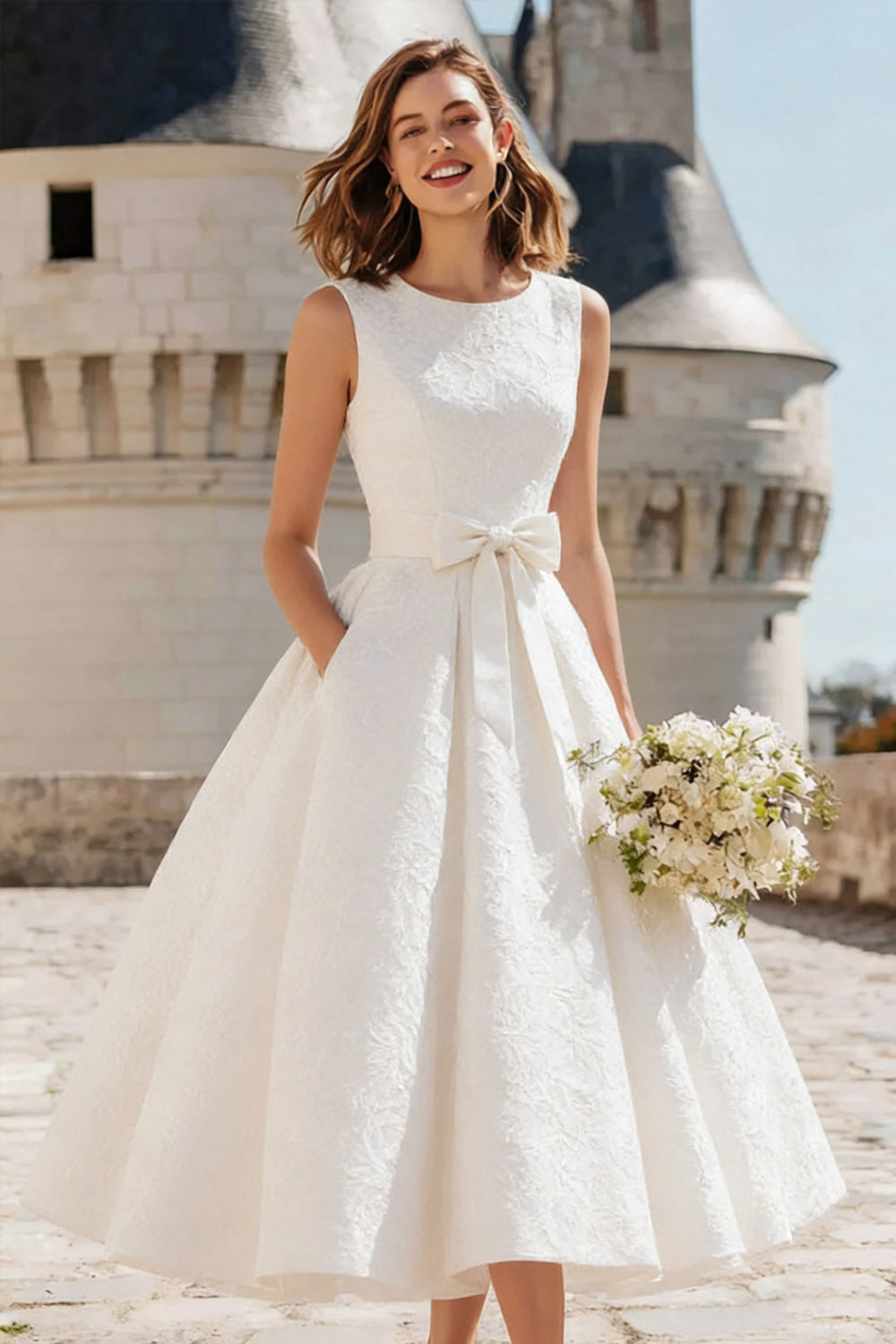 Leely Women White Jacquard Midi Wedding Reception Dress with Bow Scoop Neck A Line Engagement Dress