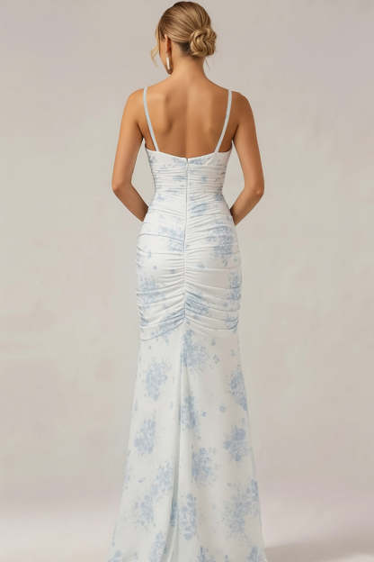 White and Blue Flower Spaghetti Straps Long Bridesmaid Dress wih Slit