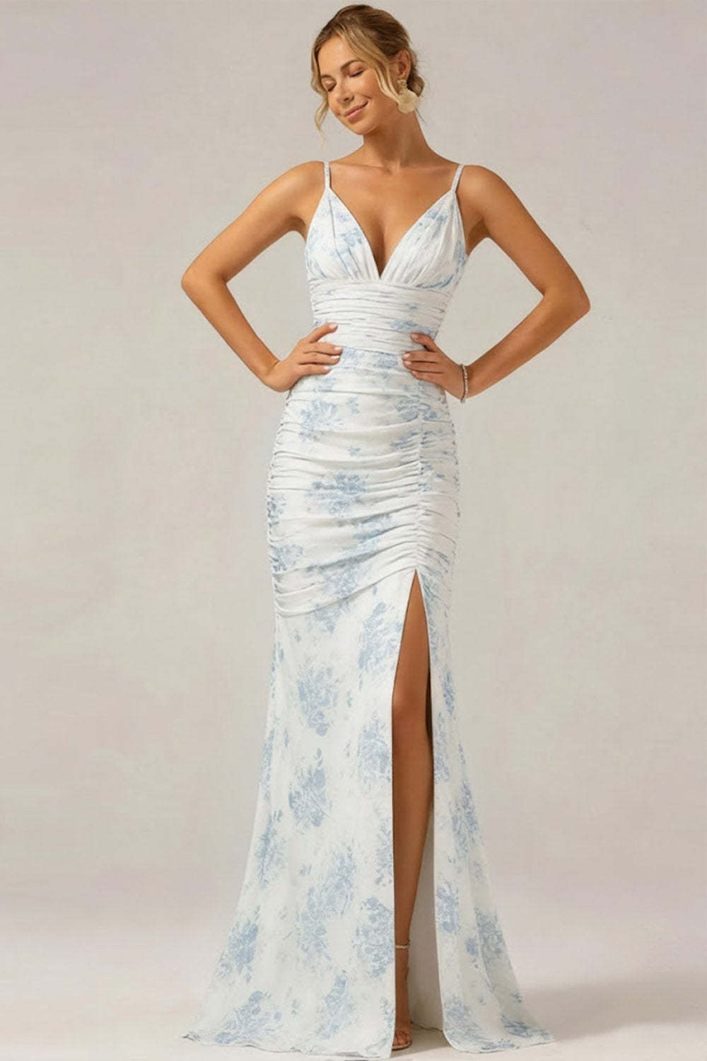 White and Blue Flower Spaghetti Straps Long Bridesmaid Dress wih Slit