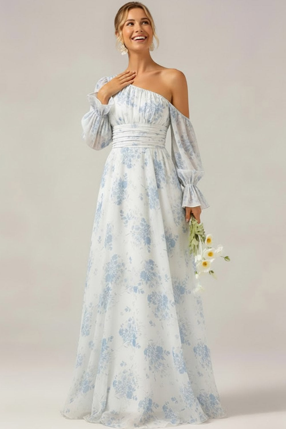 White and Blue Flower One Shoulder Long Bridesmaid Dress wih Sleeves