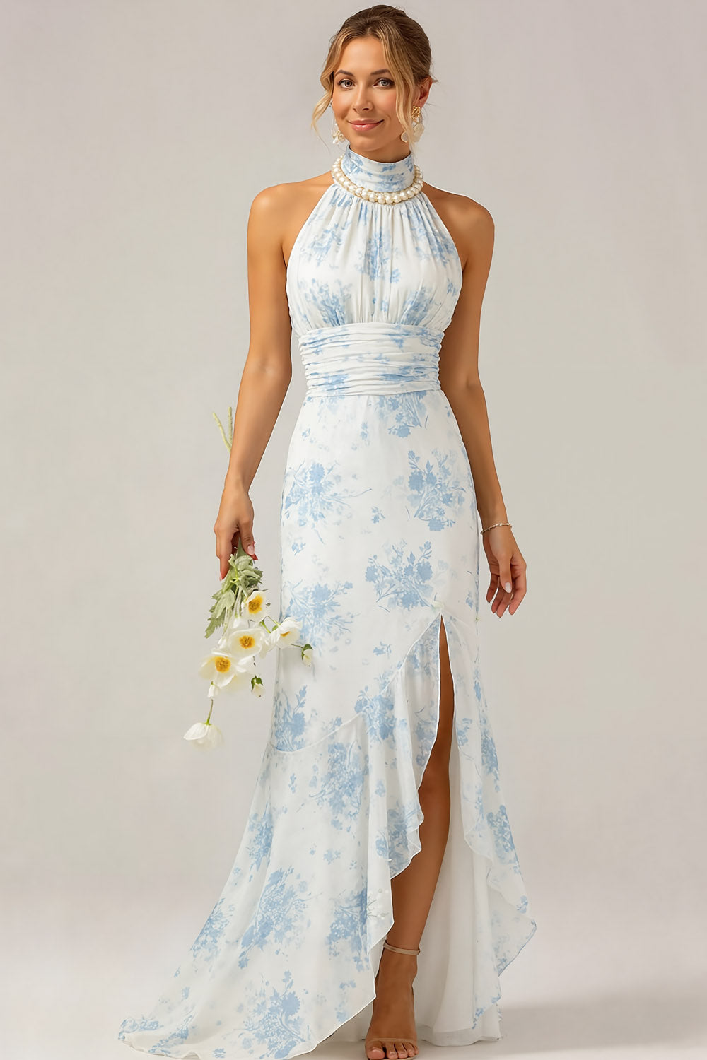 White and Blue Flower High Neck Long Bridesmaid Dress with Slit
