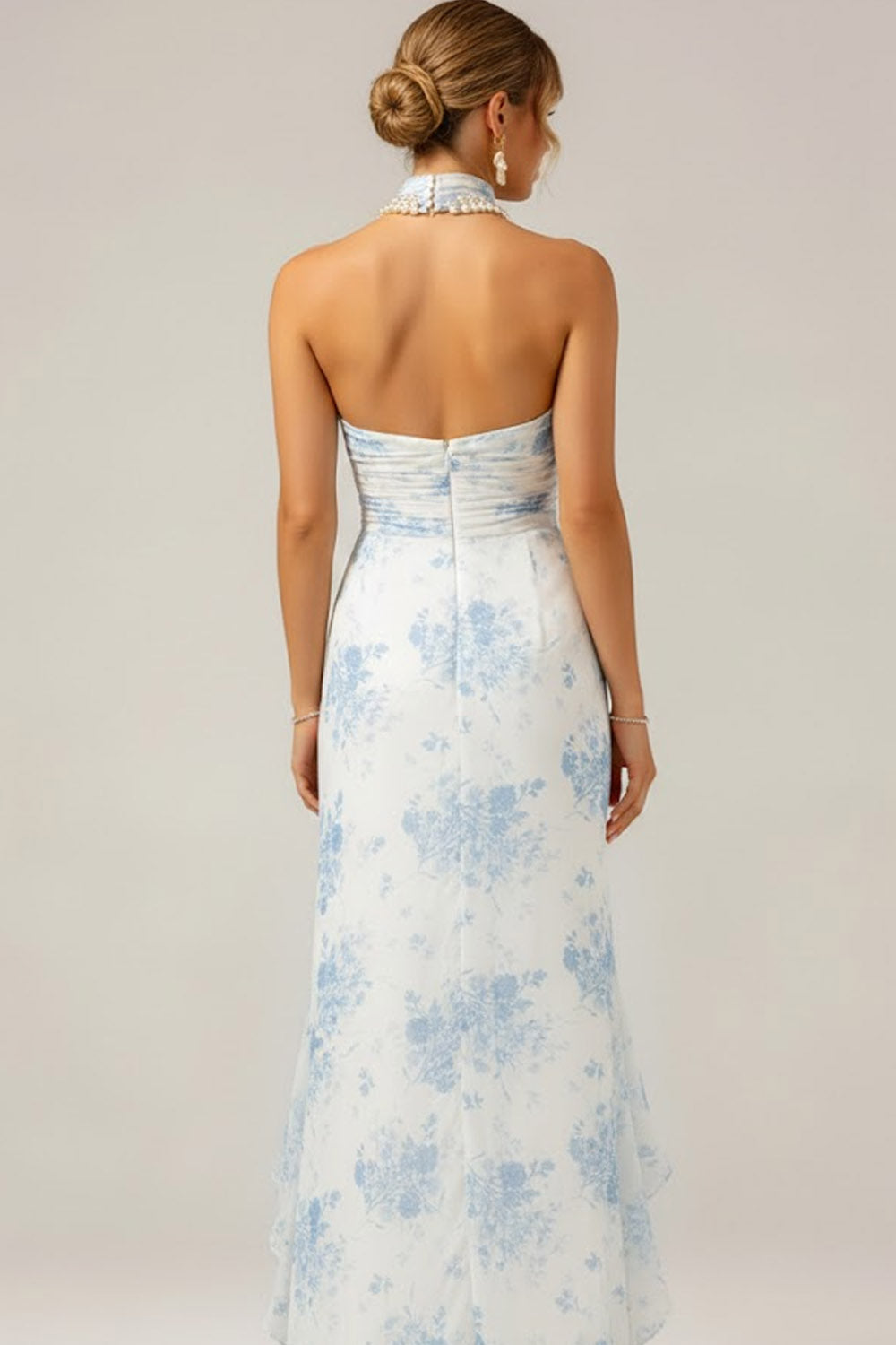 White and Blue Flower High Neck Long Bridesmaid Dress with Slit