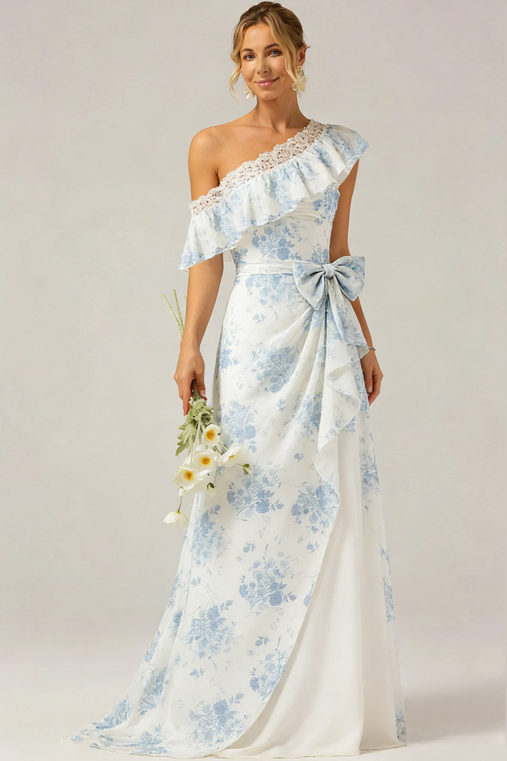 White and Blue Flower One Shoulder Long Bridesmaid Dress wih Bow