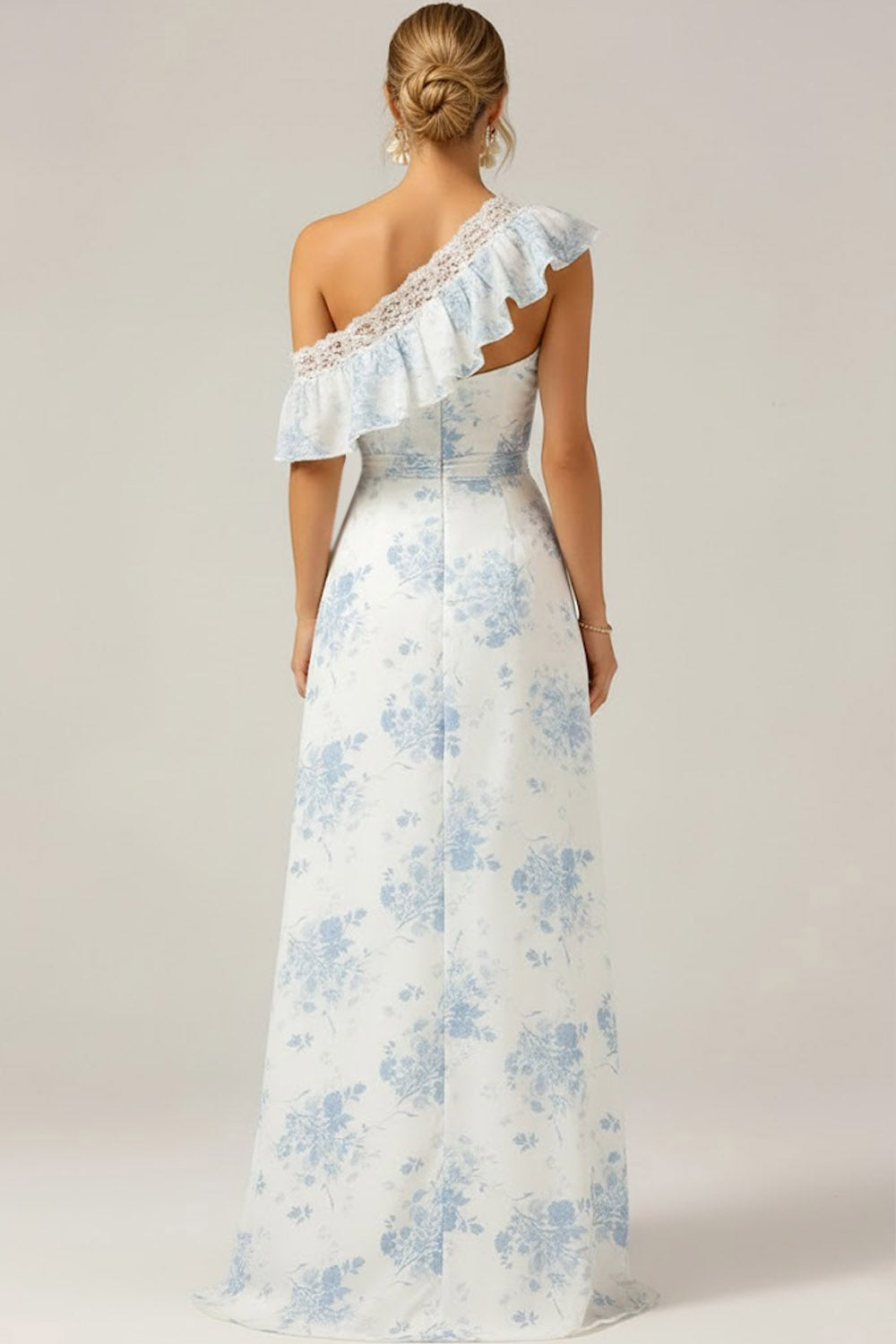 White and Blue Flower One Shoulder Long Bridesmaid Dress wih Bow