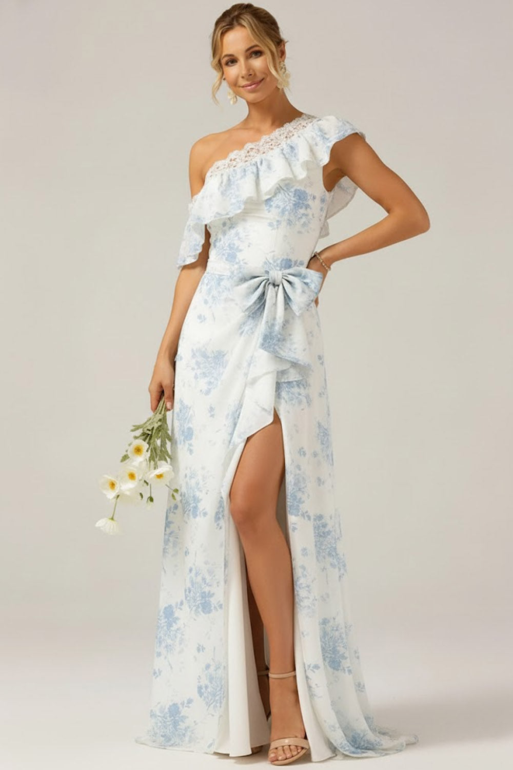 White and Blue Flower One Shoulder Long Bridesmaid Dress wih Bow
