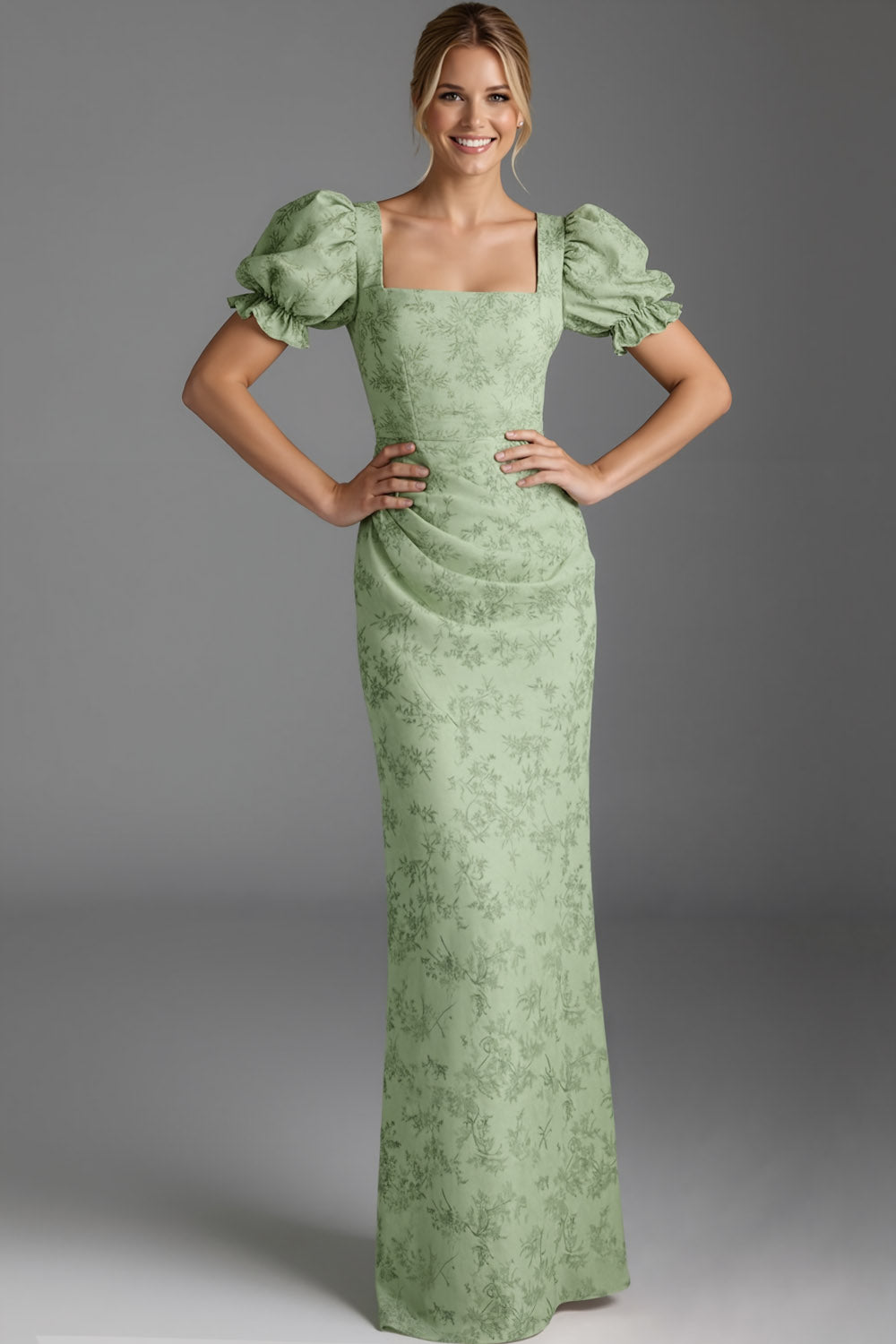 Floral Green Square Neck Ruched Mermaid Long Bridesmaid Dress