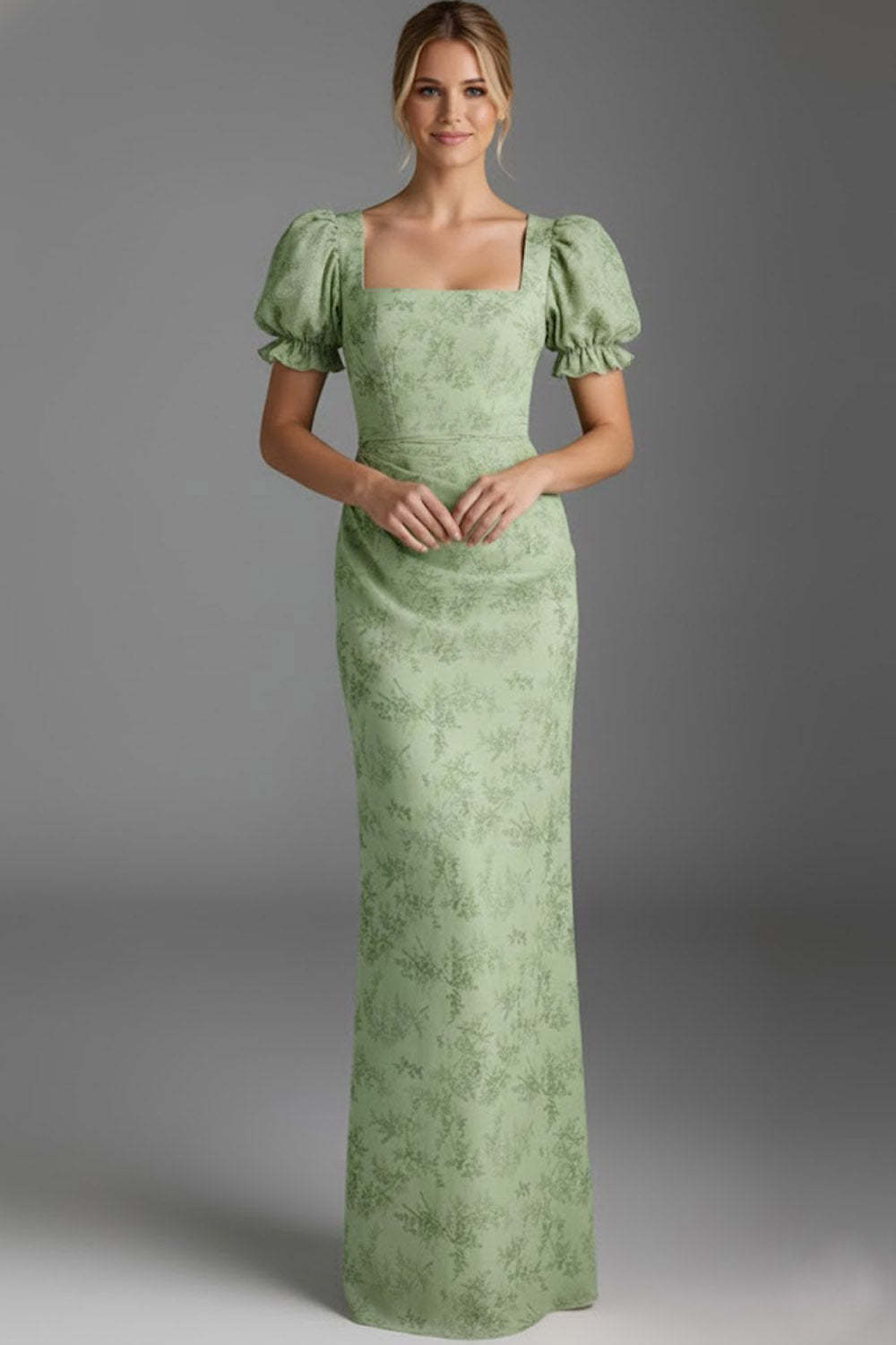 Floral Green Square Neck Ruched Mermaid Long Bridesmaid Dress
