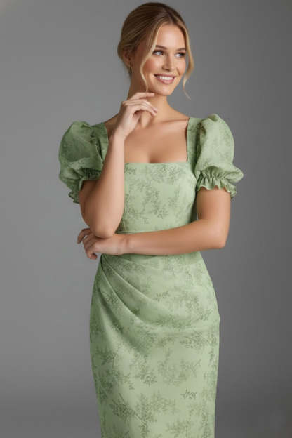 Floral Green Square Neck Ruched Mermaid Long Bridesmaid Dress
